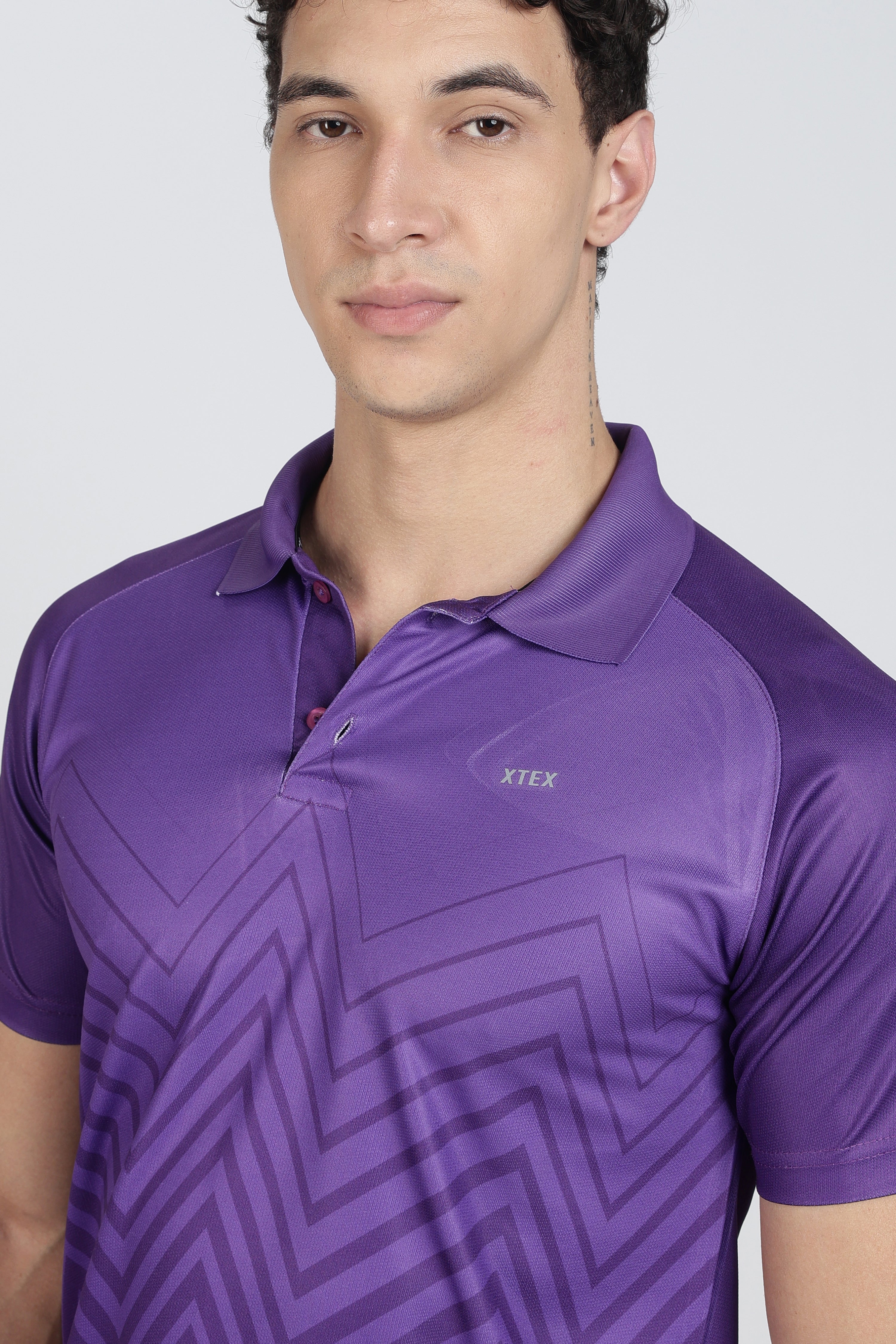 Purple XTEX Performance Polo – Breathable Chevron Stripe for Cricket & Casual