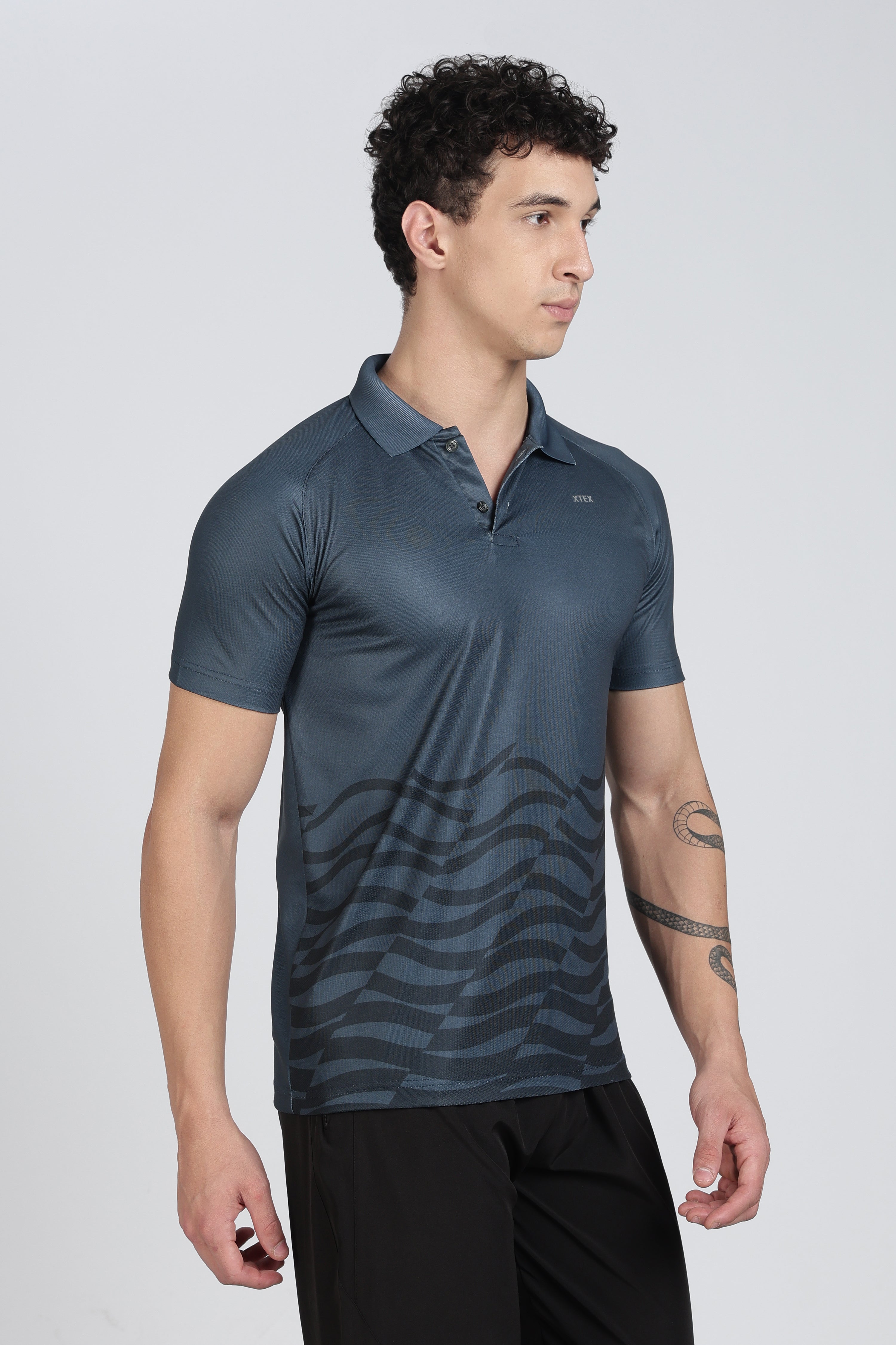 XTEX Blue Performance Polo – Wavy Stripe Athleisure Shirt for Cricket & Active Wear