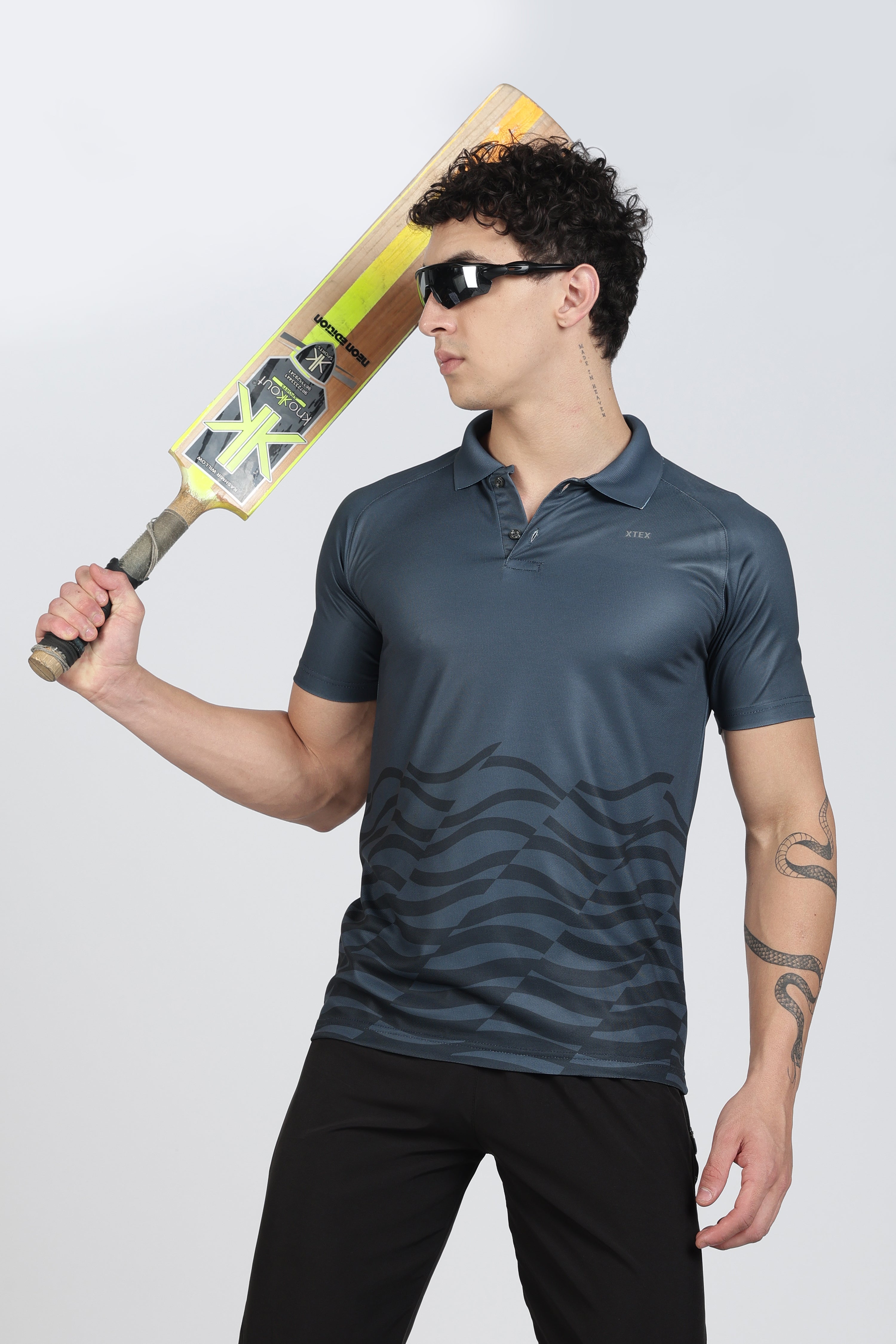 XTEX Blue Performance Polo – Wavy Stripe Athleisure Shirt for Cricket & Active Wear