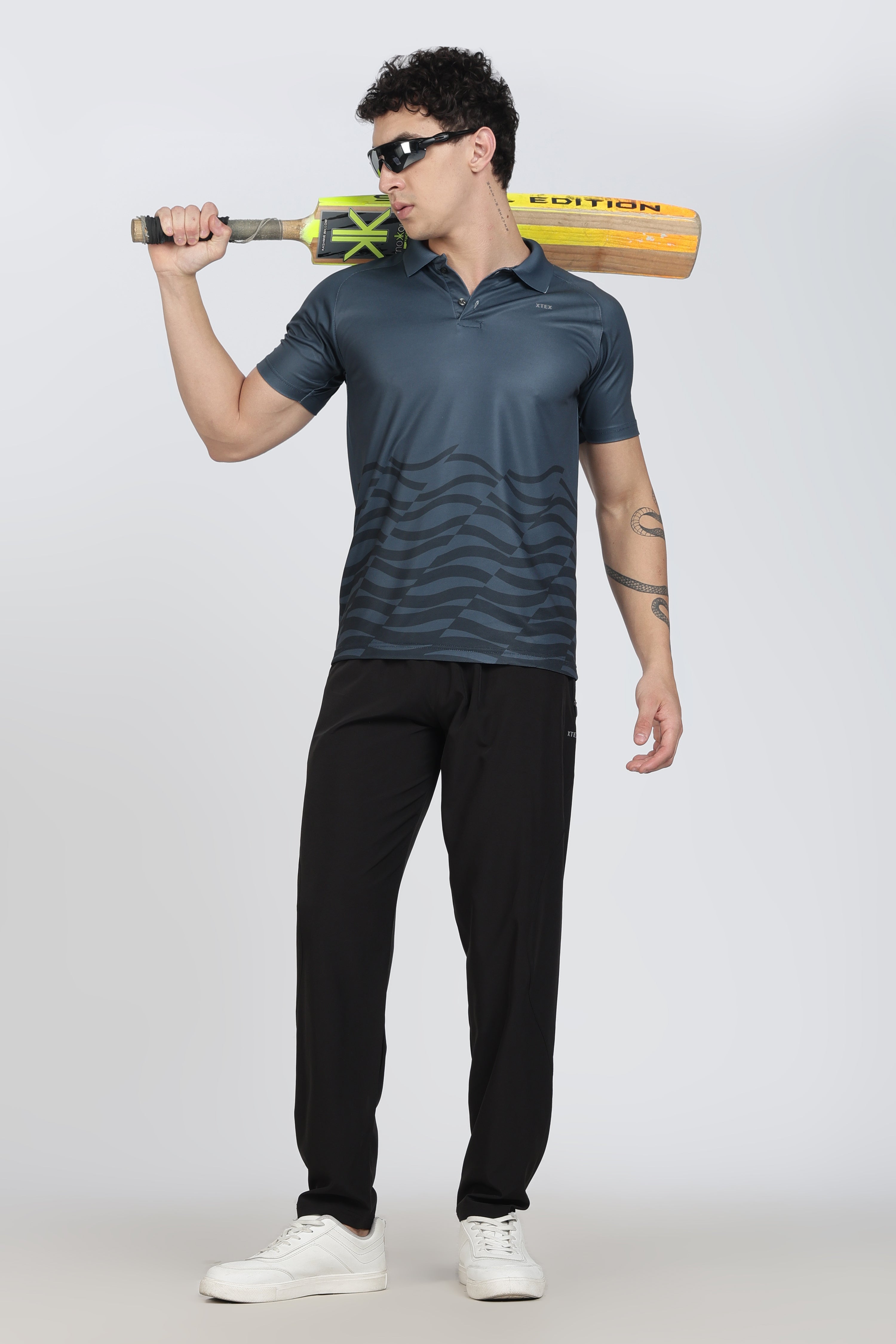 XTEX Blue Performance Polo – Wavy Stripe Athleisure Shirt for Cricket & Active Wear