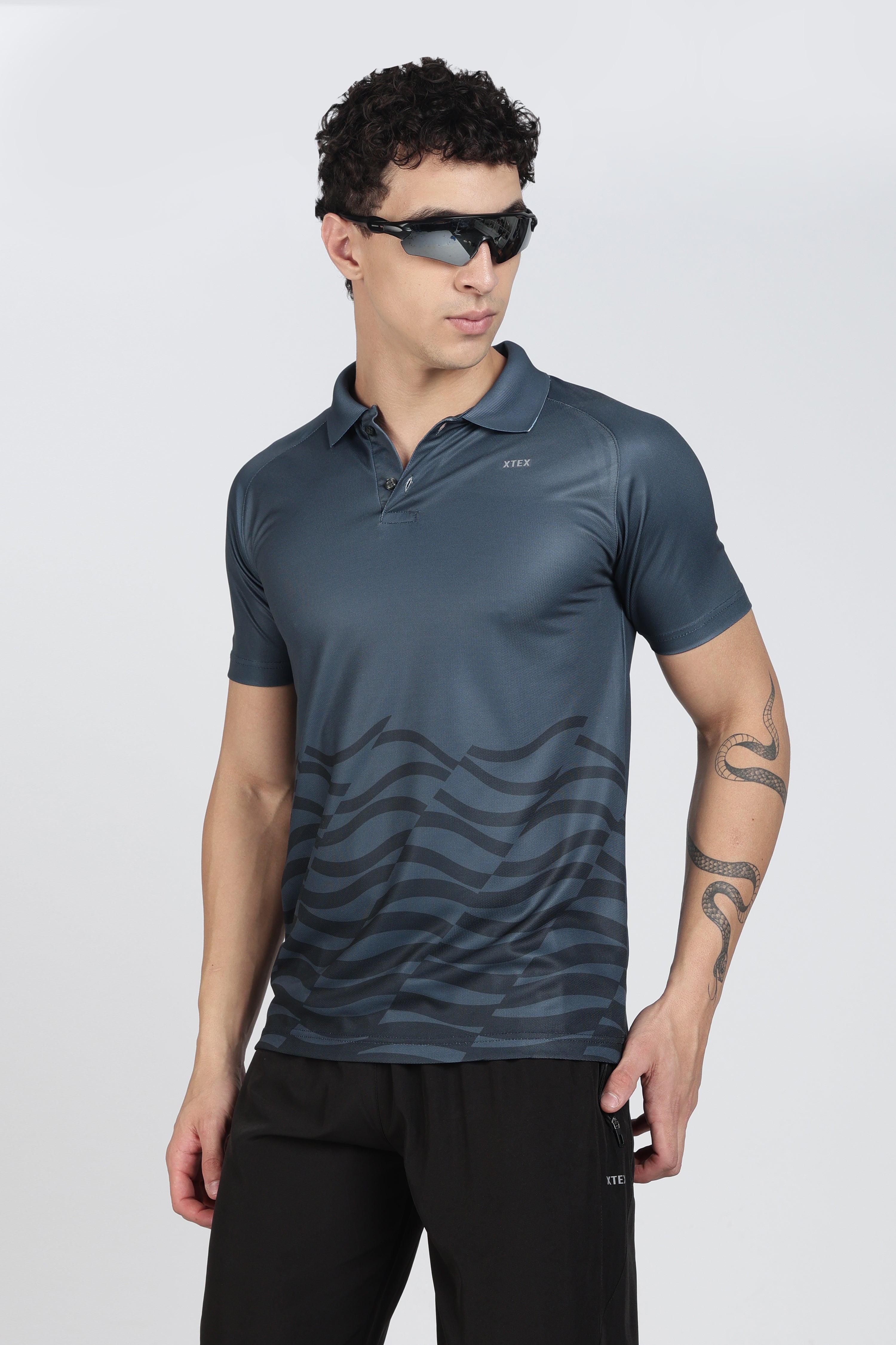 XTEX Blue Performance Polo – Wavy Stripe Athleisure Shirt for Cricket & Active Wear