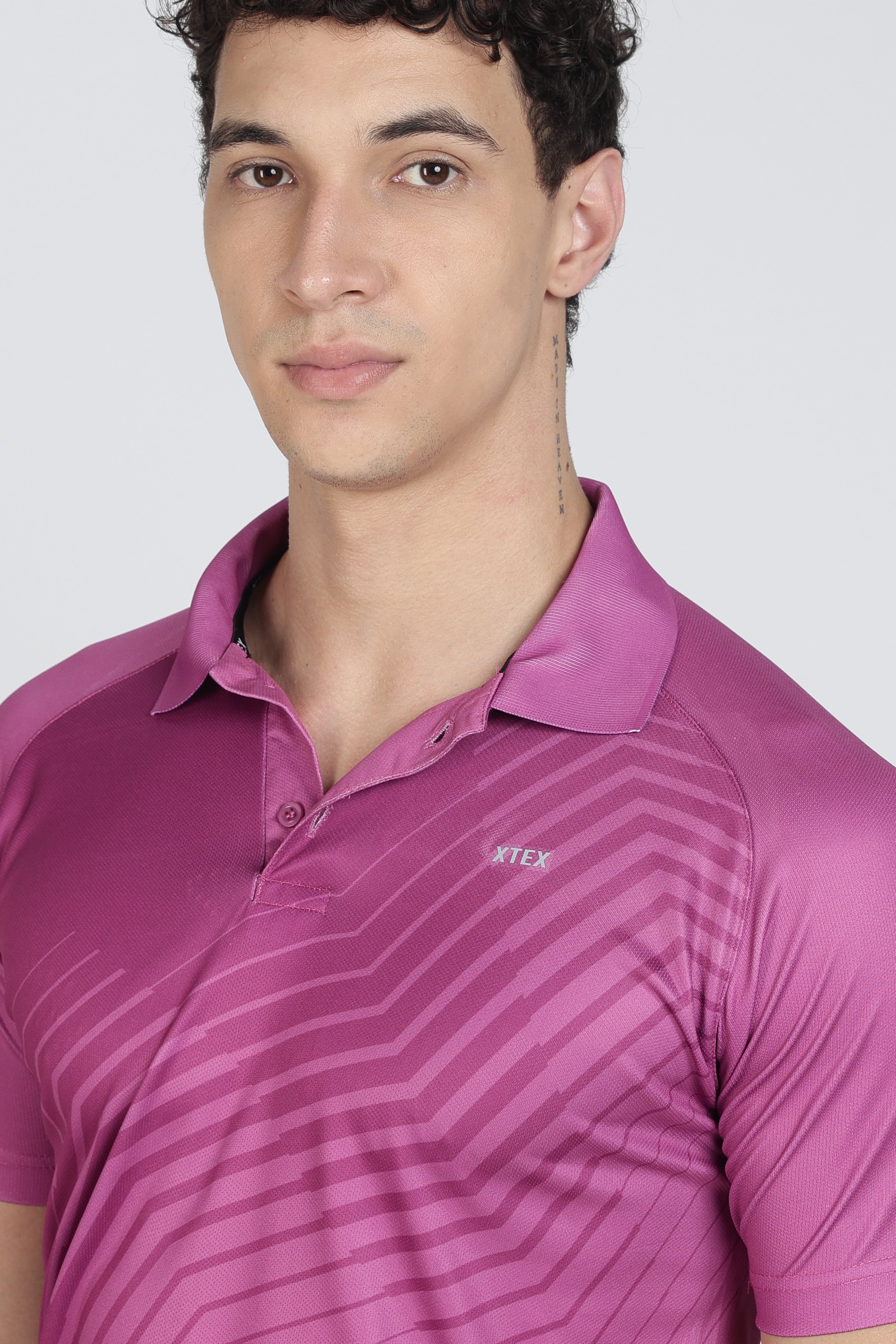 XTEX Pink Performance Polo – Geometric Wave Stripe Shirt for Active Sports & Casual