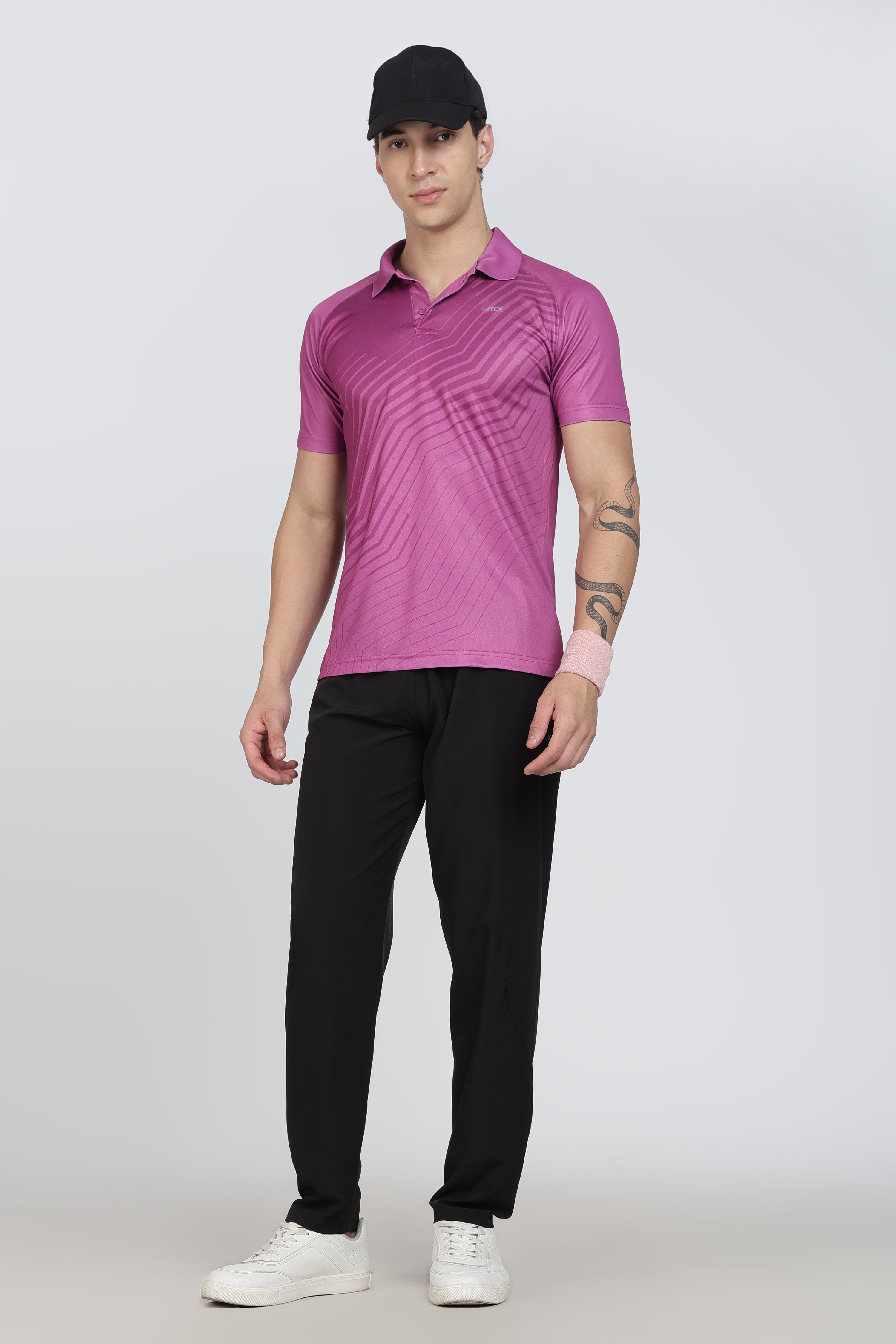XTEX Pink Performance Polo – Geometric Wave Stripe Shirt for Active Sports & Casual