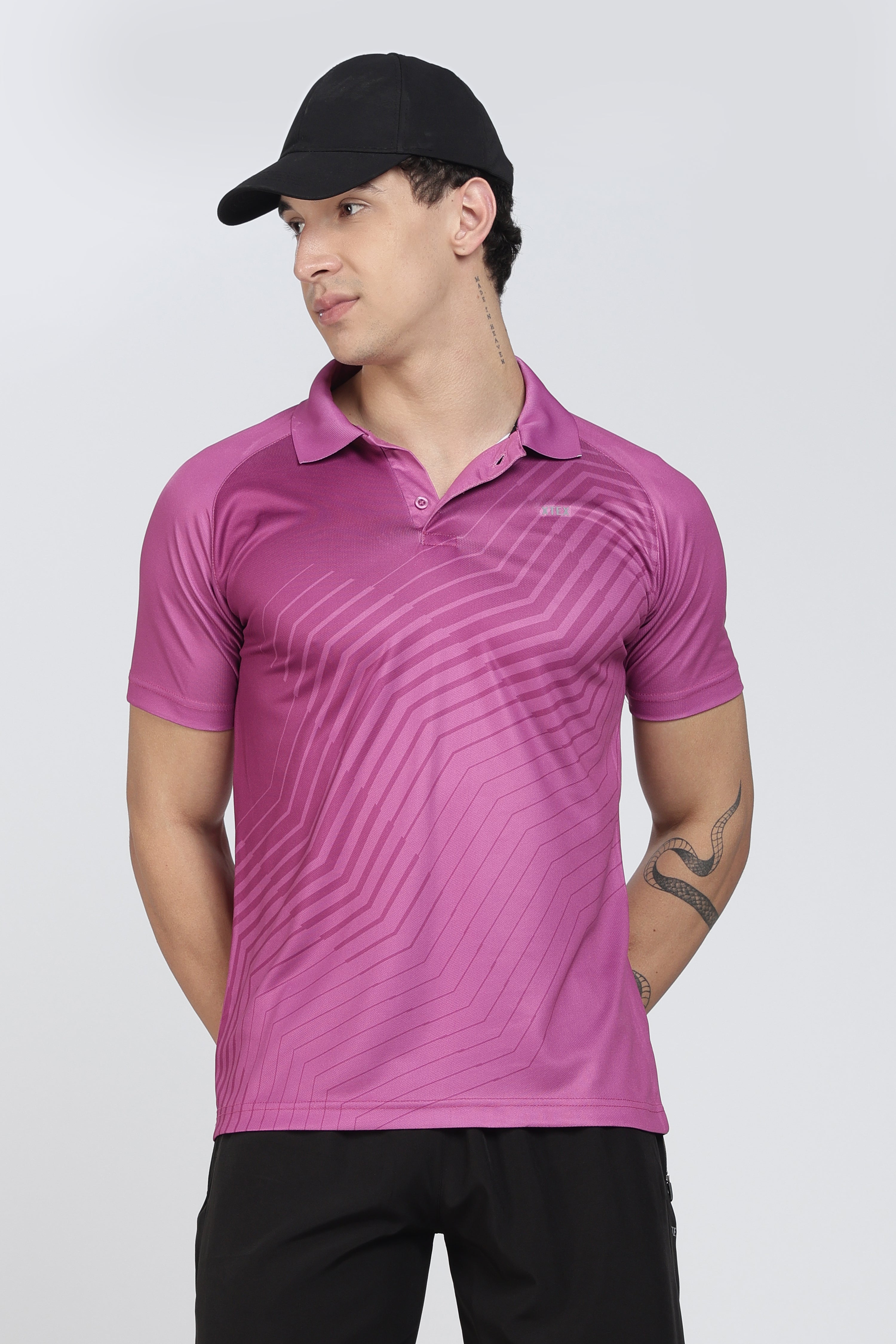 XTEX Pink Performance Polo – Geometric Wave Stripe Shirt for Active Sports & Casual
