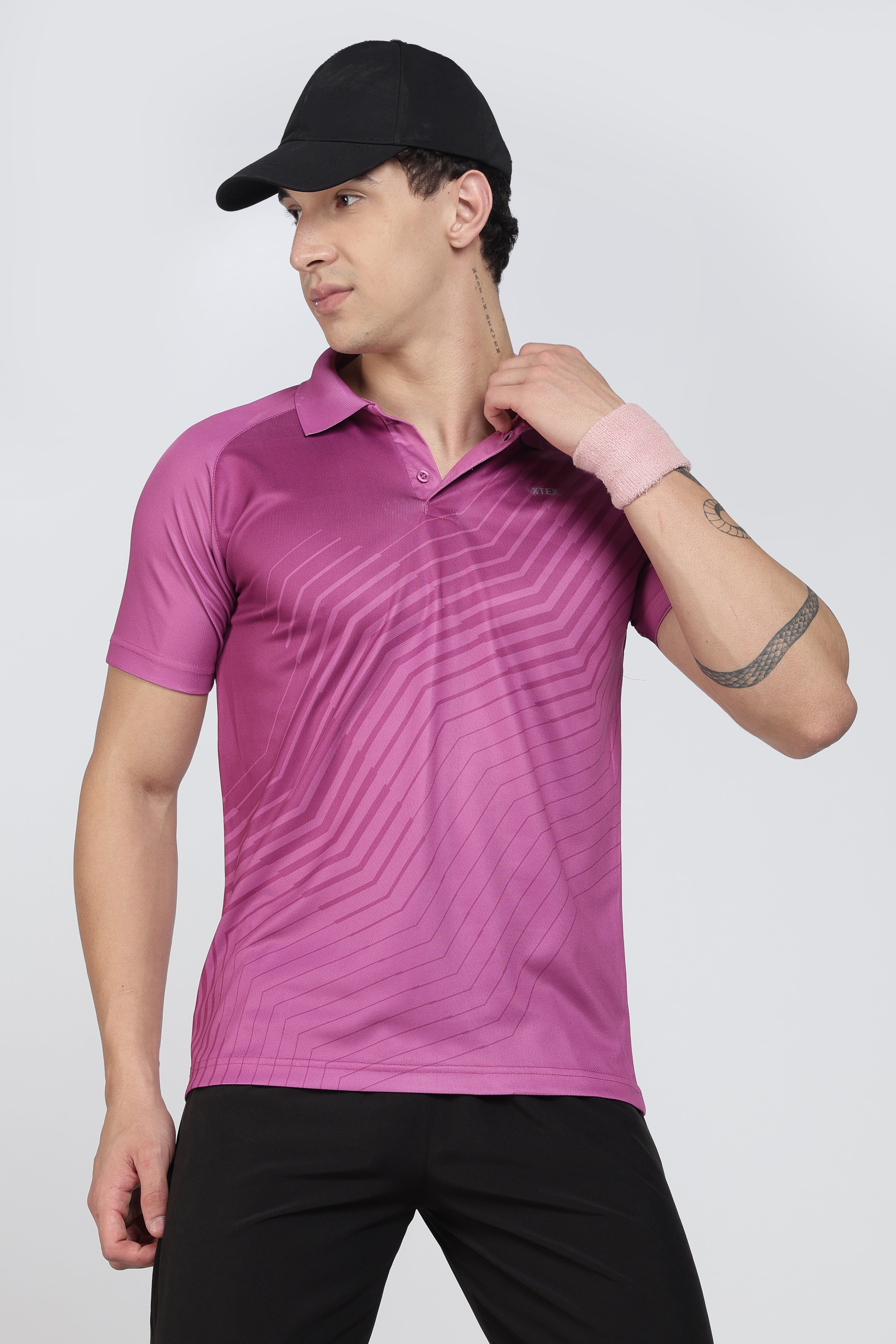 XTEX Pink Performance Polo – Geometric Wave Stripe Shirt for Active Sports & Casual
