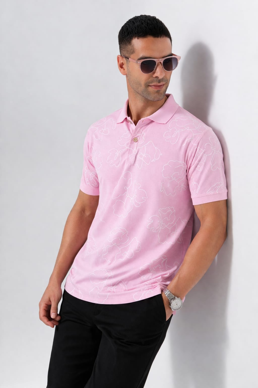 Pink Floral‑Print Activewear Polo Shirt | Stylish Performance Sportswear Tee